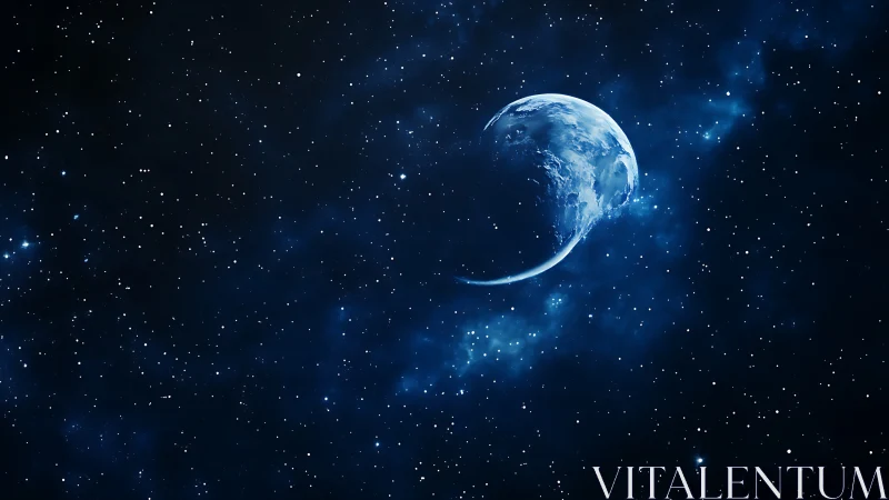 Luminous blue planet drifts through a vast starry cosmos.