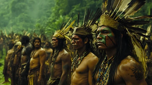 Indigenous warriors stand in formation wearing feathered headdresses