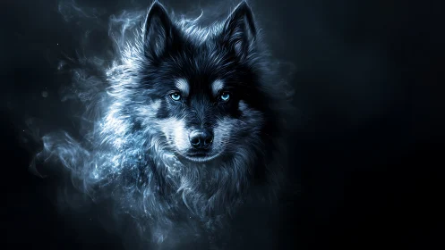 Luminous spectral wolf portrait in deep midnight smoke.