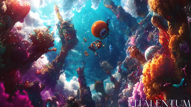 Floating robot diver in kaleidoscopic coral megacity.