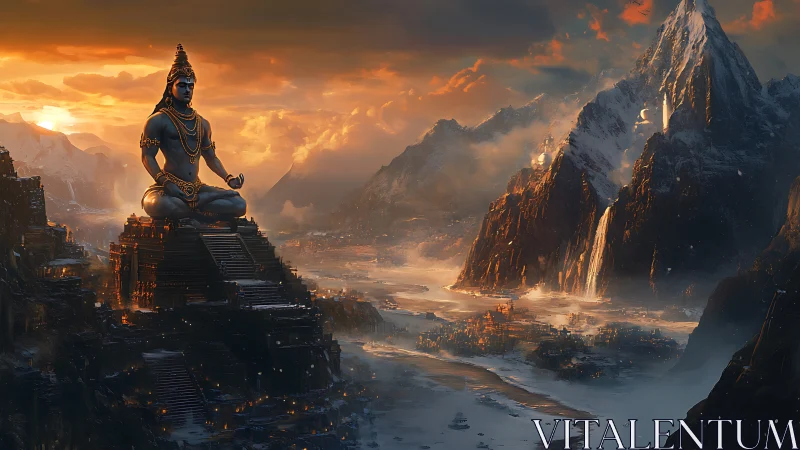 Colossal meditating deity overlooks glowing Himalayan valley