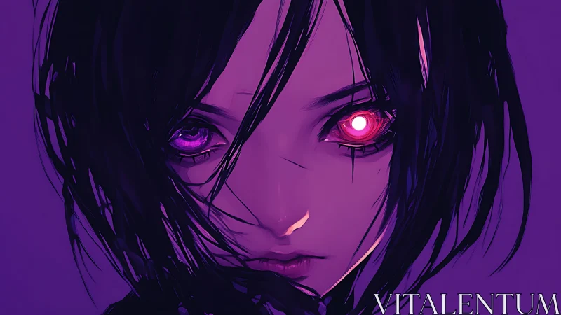 Enigmatic cyber gaze glows softly in violet neon light