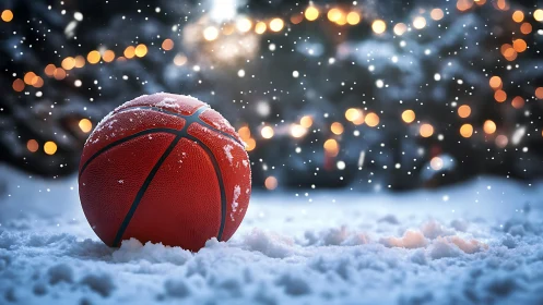 Basketball resting on snowy ground with winter lights.