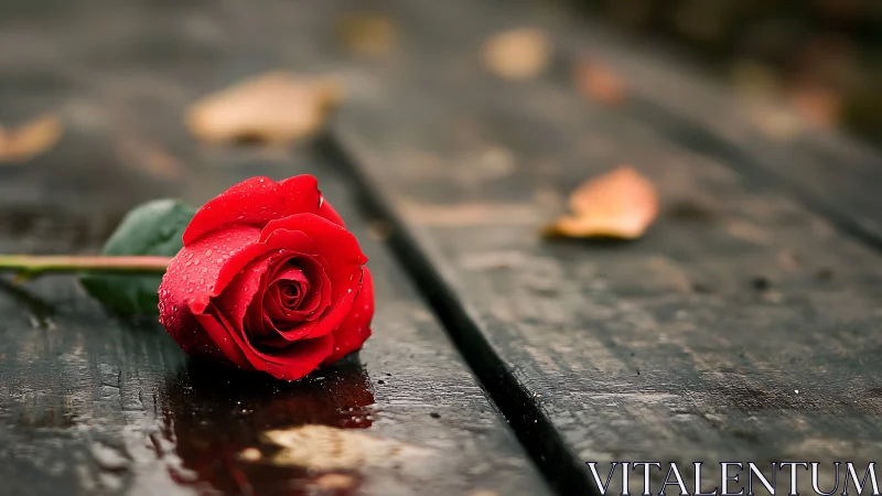 Red Rose on Wet Stone Surface with Water Droplets.