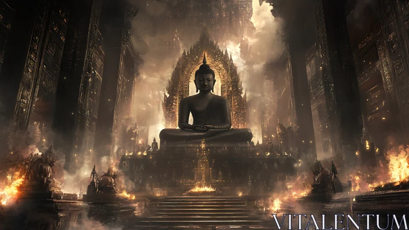 Serene Buddha statue rises in a vast, burning temple realm