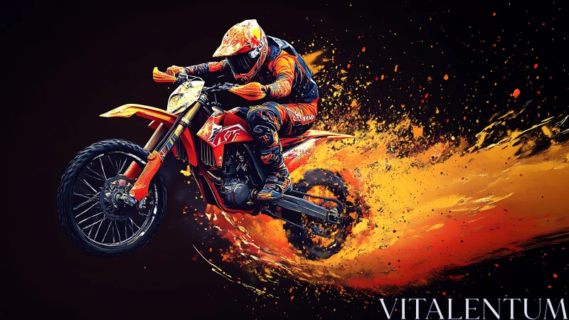 Motocross rider explodes through fiery digital dust trail.