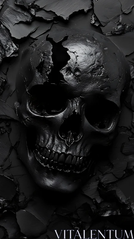 Photoreal black skull relief on fractured matte surface.