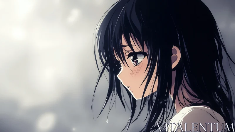 Side profile shows wet-haired anime girl against blurred bokeh field