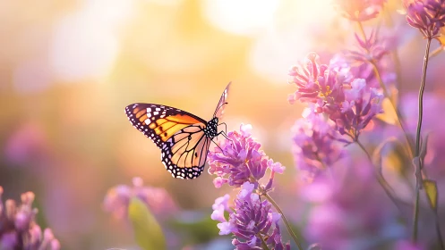 Monarch butterfly rests on sunlit pink wildflowers at dawn