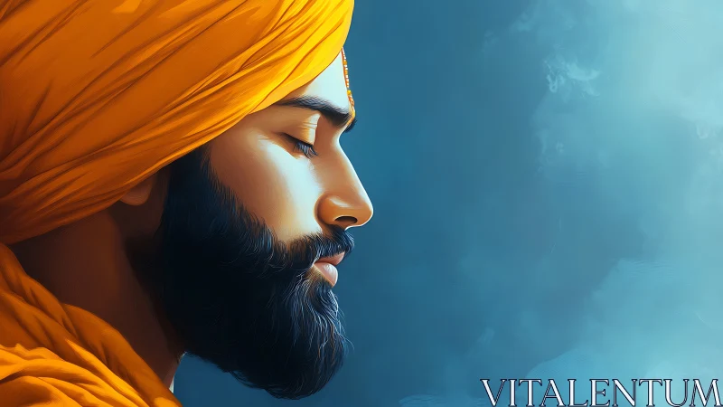 Meditative turbaned man in profile against tranquil blue sky.