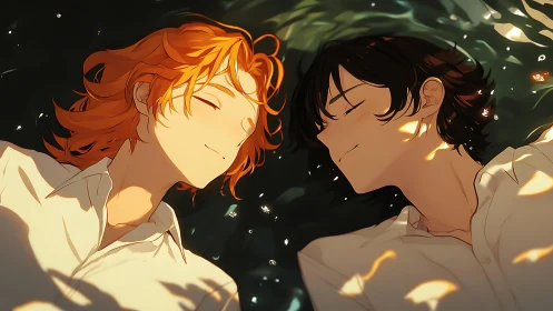 Sunlit anime couple resting in dappled forest light.