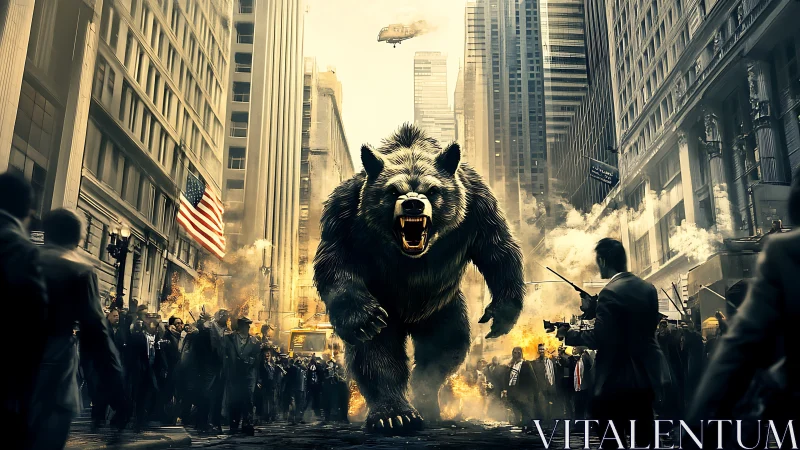 Colossal bear rampage through burning financial district streets.