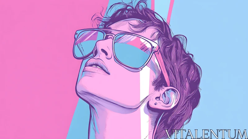 Stylized portrait of person in sunglasses, split-color background.