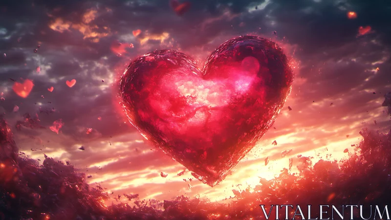 Glowing heart soars through fiery celestial clouds.