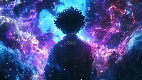 Silhouetted figure before luminous cosmic nebula field.