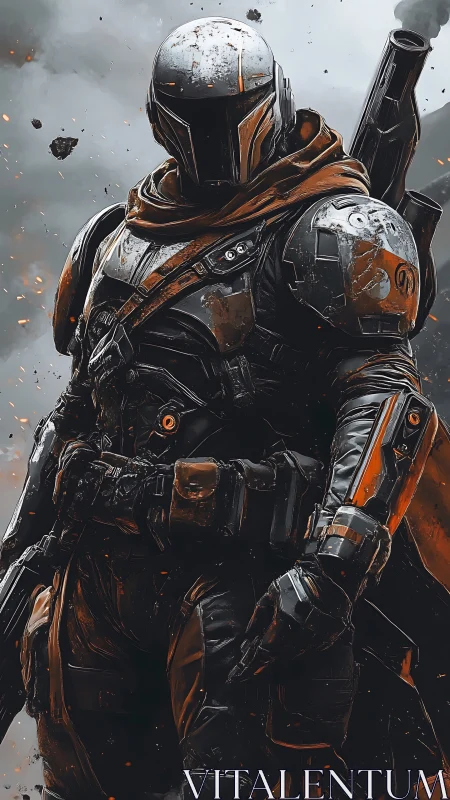 Battle-hardened sci-fi warrior strides through glowing embers