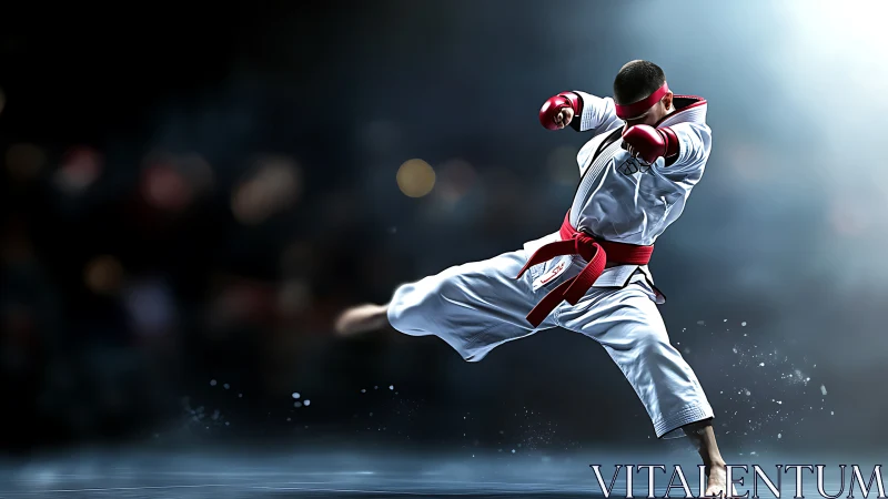 Martial artist executing side kick in controlled studio light.