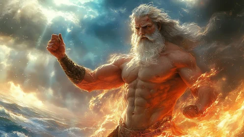 Mythic thunder god rises from sea with blazing power.