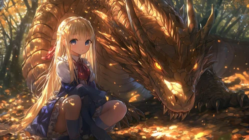 Anime forest tableau with girl and resting dragon companion.
