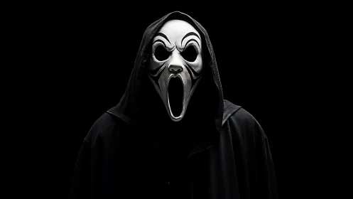 Hooded midnight screamer masked in sculpted white terror.