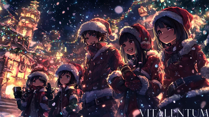 Anime Christmas carolers illuminated by warm festive bokeh lighting
