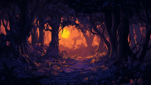 Luminous Twilight Forest: Silhouetted Arboreal Path with Warm Sunset Halo