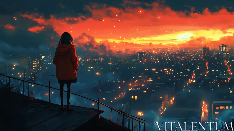 Solitary figure studies a neon-lit city under incendiary sky