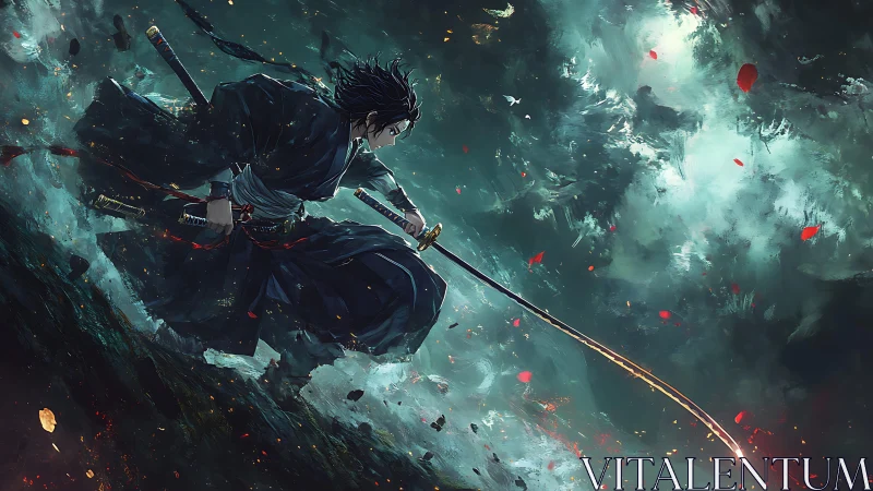 Storm-swept ronin carves firelit arcs through the chaos.