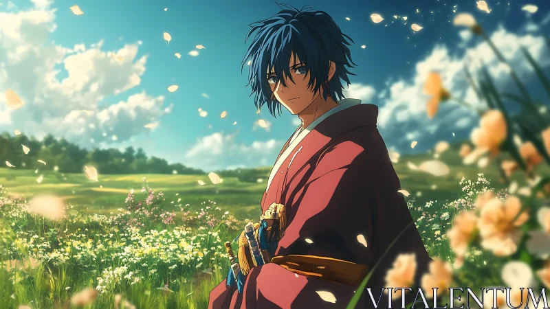 Stoic blue haired swordsman in spring meadow under petals