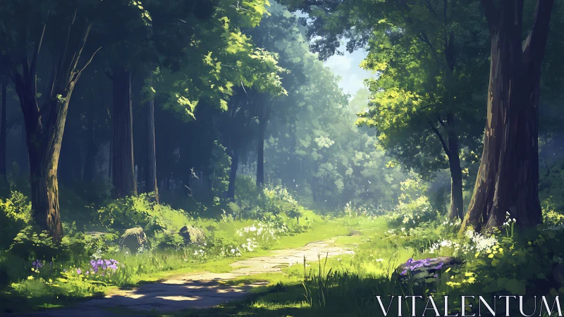 Luminous forest pathway with towering trees and dappled sunlight through verdant canopy.