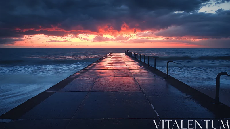 Sunset path over restless waves under glowing storm clouds.