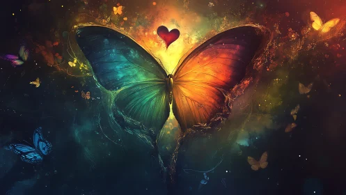 Symmetrical multicolored butterfly with glowing abstract background.