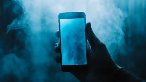 Mystic blue smartphone glowing through drifting digital fog.