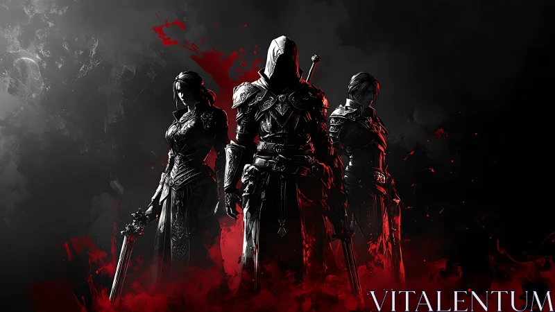 Bladebound shadows stride forward through rising crimson mist