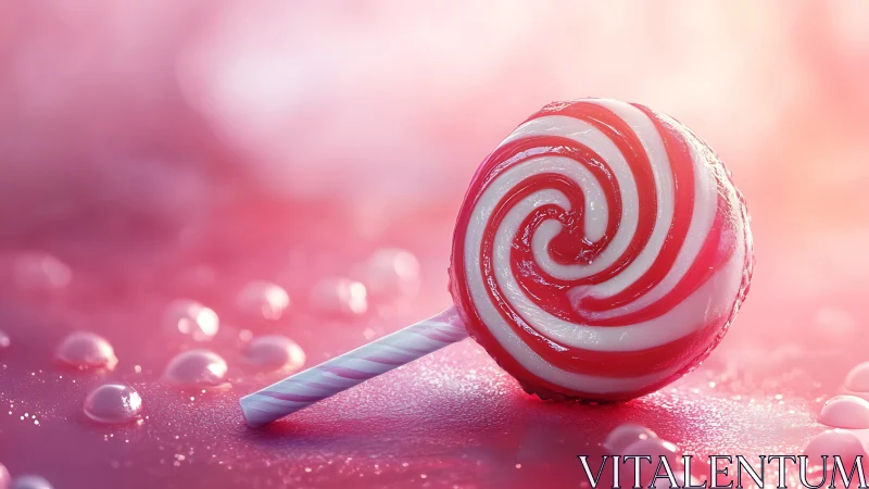Red and white lollipop gleaming on a pink sparkly surface.
