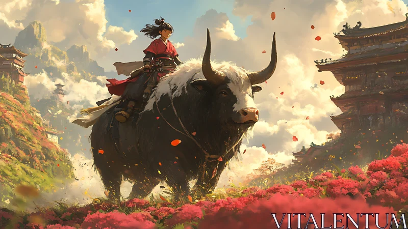 Young rider guiding massive yak through mythic valley.