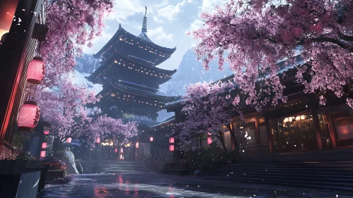 3D sakura courtyard with tiered pagoda and lantern-lit colonnade.