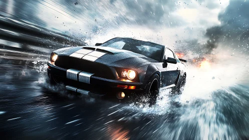 Sports car on wet roadway with water spray and explosions.