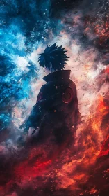Stoic anime hero framed by swirling fire and ice energy.