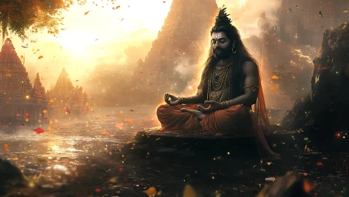 Meditating figure by riverside temples at diffuse sunset light.