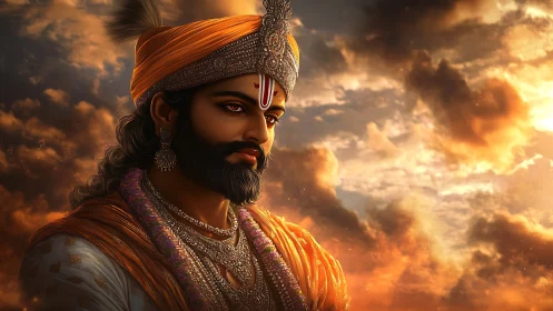 Regal warrior bathed in golden sunset light and quiet grace.