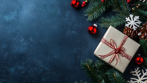 Rectangular gift box on dark textured surface with fir branches