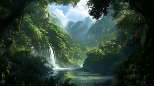 Emerald valley with cascading waterfall beneath limestone peaks.