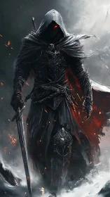 Dark hooded knight with sword in fiery stormy scene.