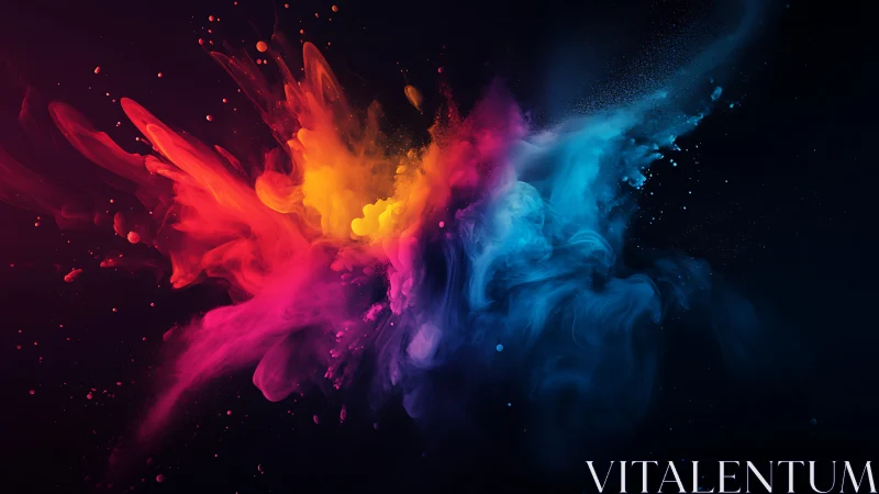 Explosive collision of neon pigment clouds on dark void.