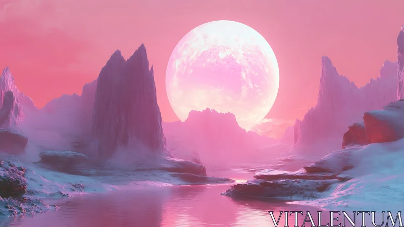 Glacial alien valley under luminous pink supermoon.
