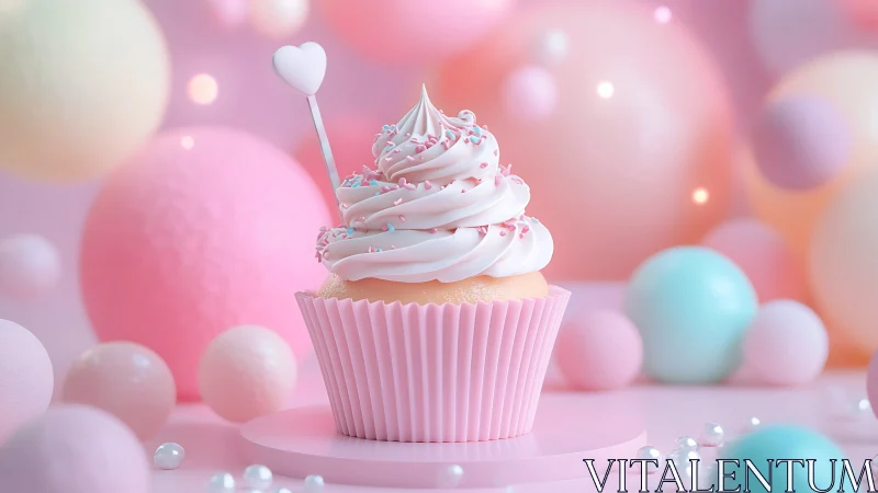 Whimsical Pink Cupcake with Heart Topper and Bokeh.