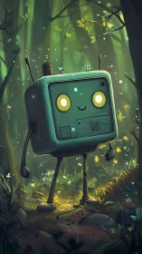 Boxy teal robot stands in softly lit green forest clearing