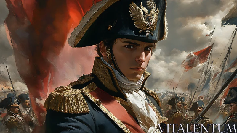 Young Napoleonic officer commands troops amid stormy battlefield