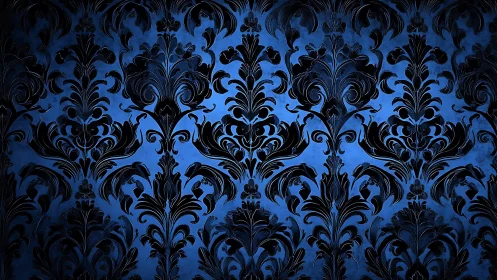 Ornate black damask pattern glows over deep cobalt blue.